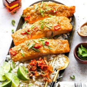 Miso Maple Baked Salmon with Rice and Green Onion