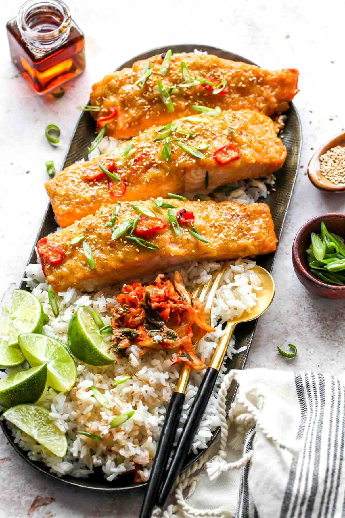 Rice, kimchi, and miso salmon on a serving platter