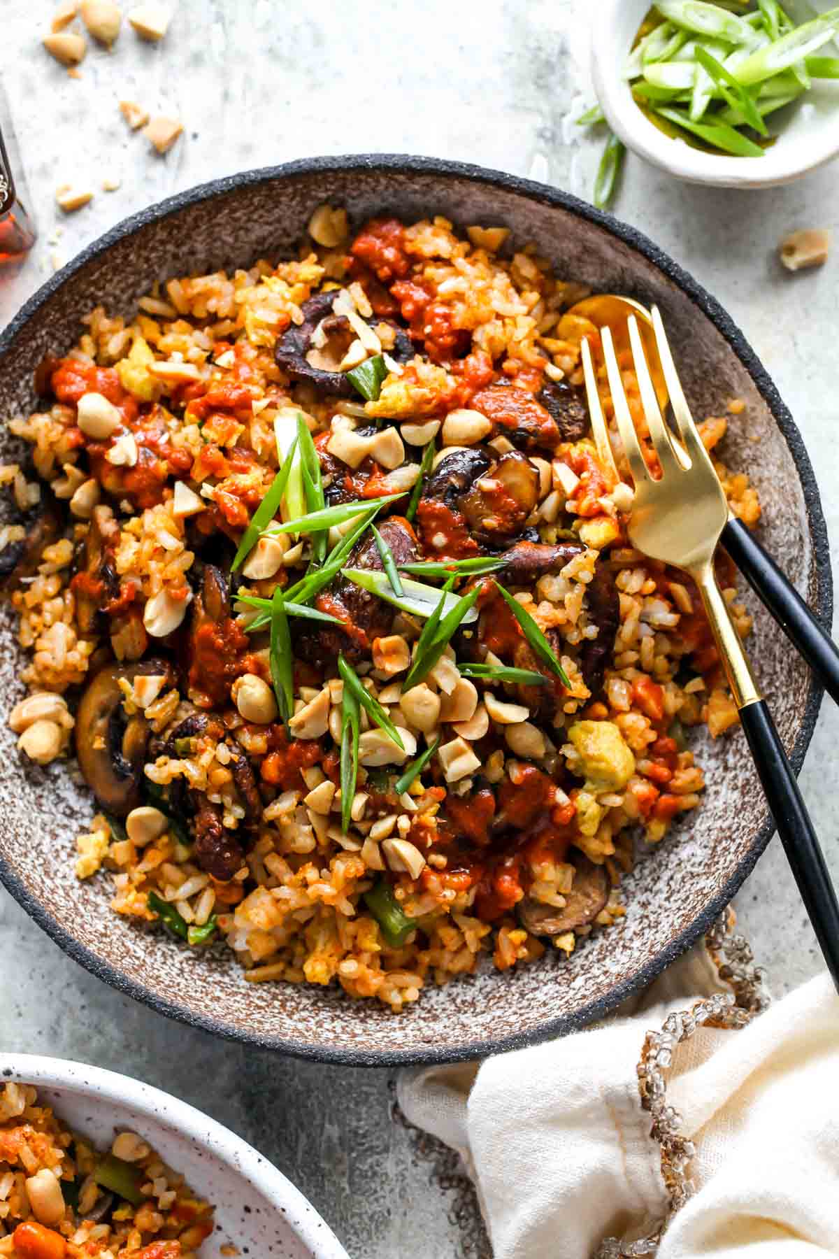 Mushroom Fried Rice topped with peanuts and green onion
