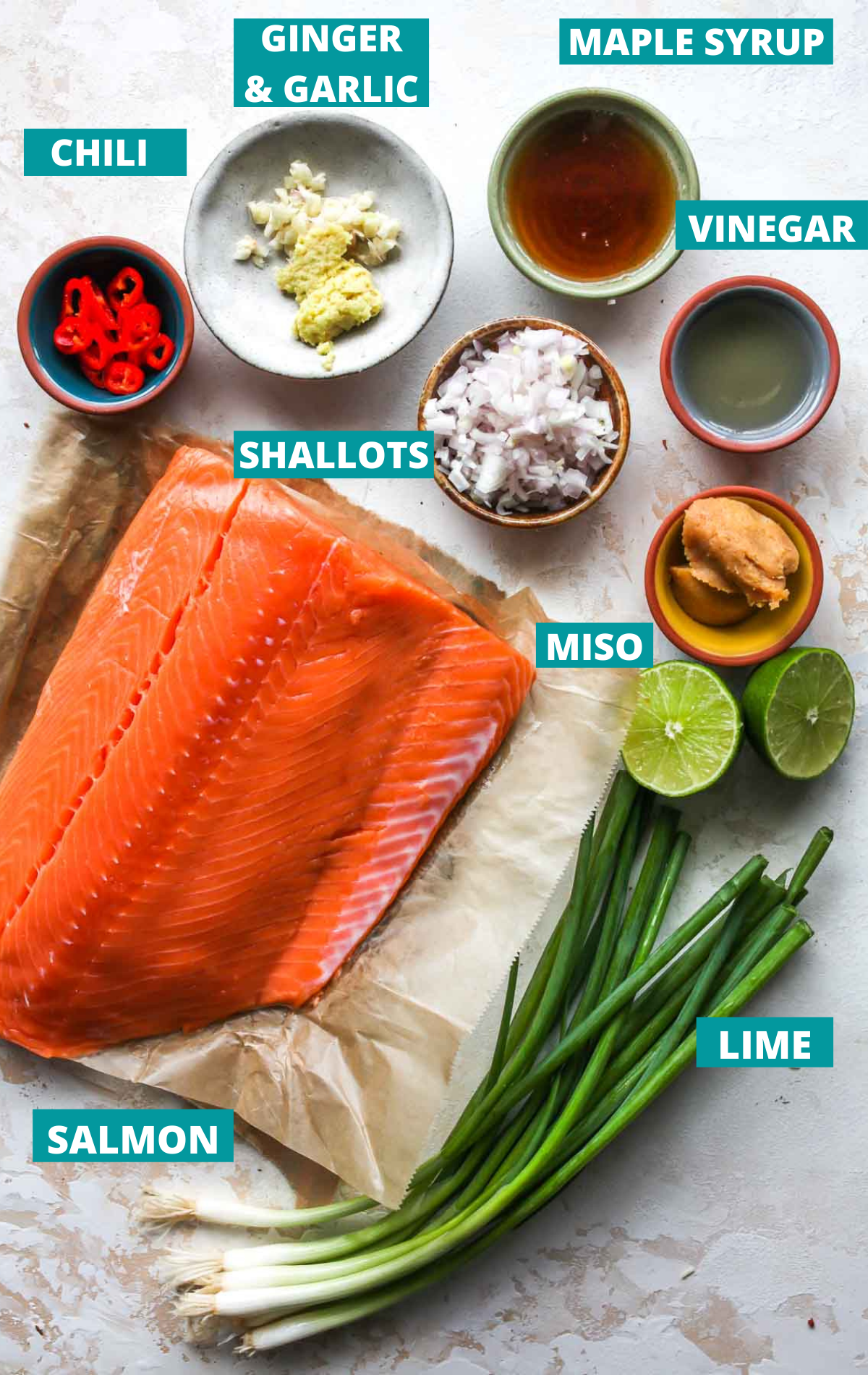 Recipe ingredients in separate bowls with blue labels