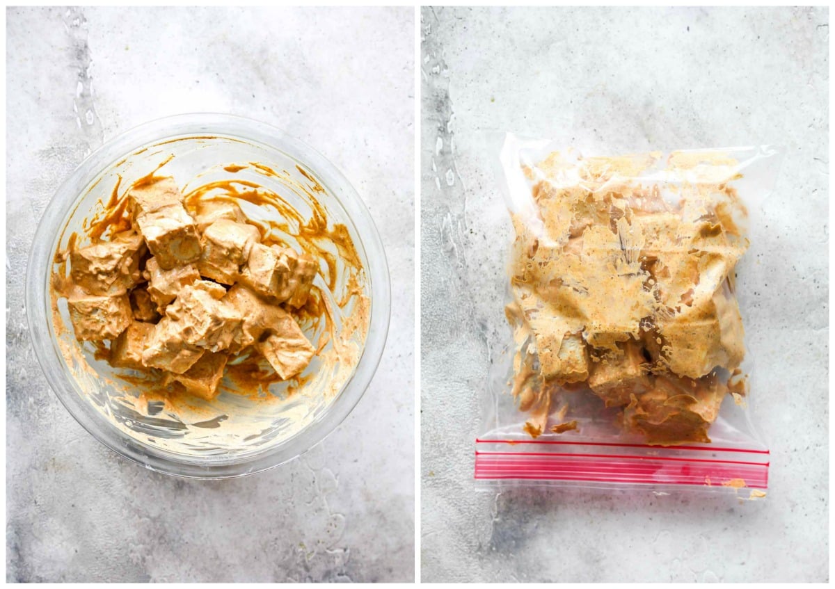 Cubes of tofu being mixed in yogurt sauce and marinated in a ziplock bag