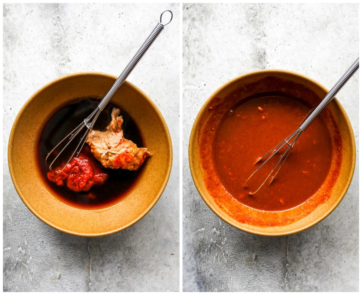 Red curry peanut sauce being whisked together in a gold bowl