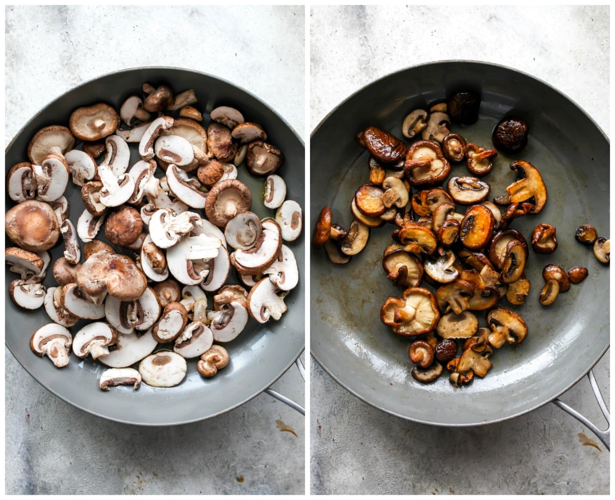 Mushrooms being sauteed until golden in a large skillet