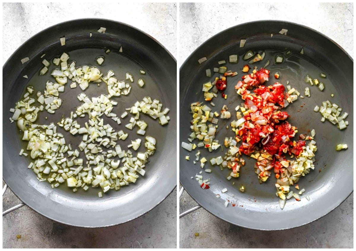 Shallots, garlic, ginger, and tomato paste being sauteed in a large skillet