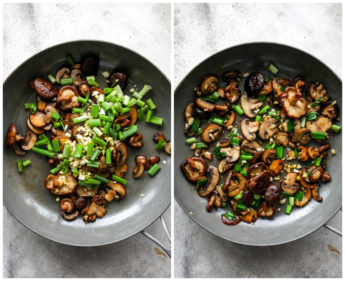 Green onion, ginger, and garlic being mixed into a skillet of mushrooms