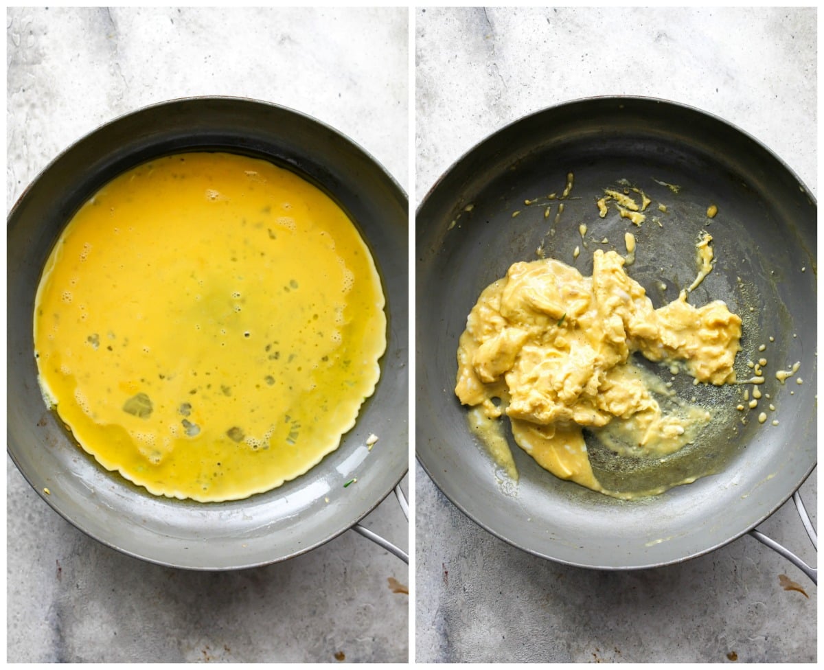 Whisked eggs being scrambled in a pan