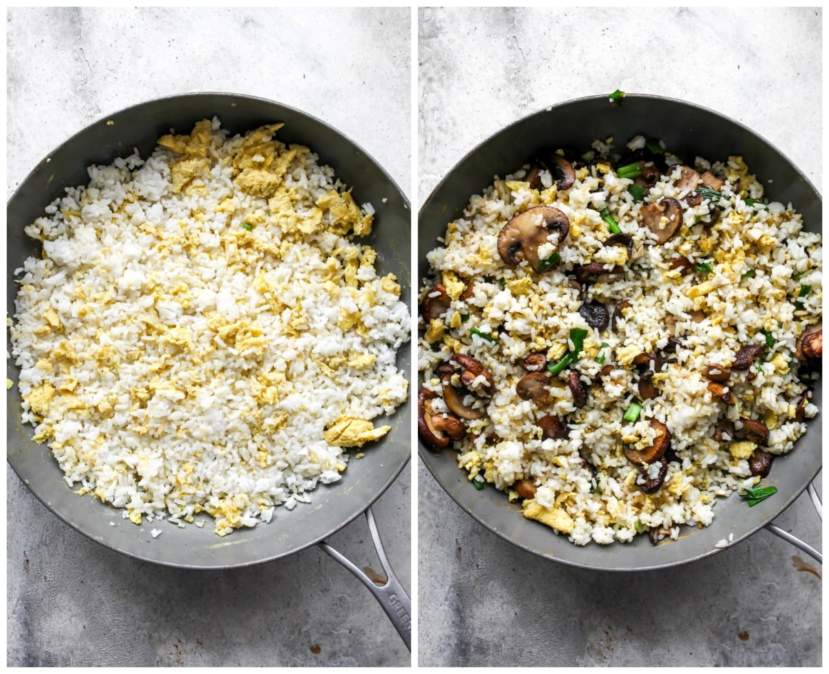 Rice and veggies being added to a pan of whisked eggs