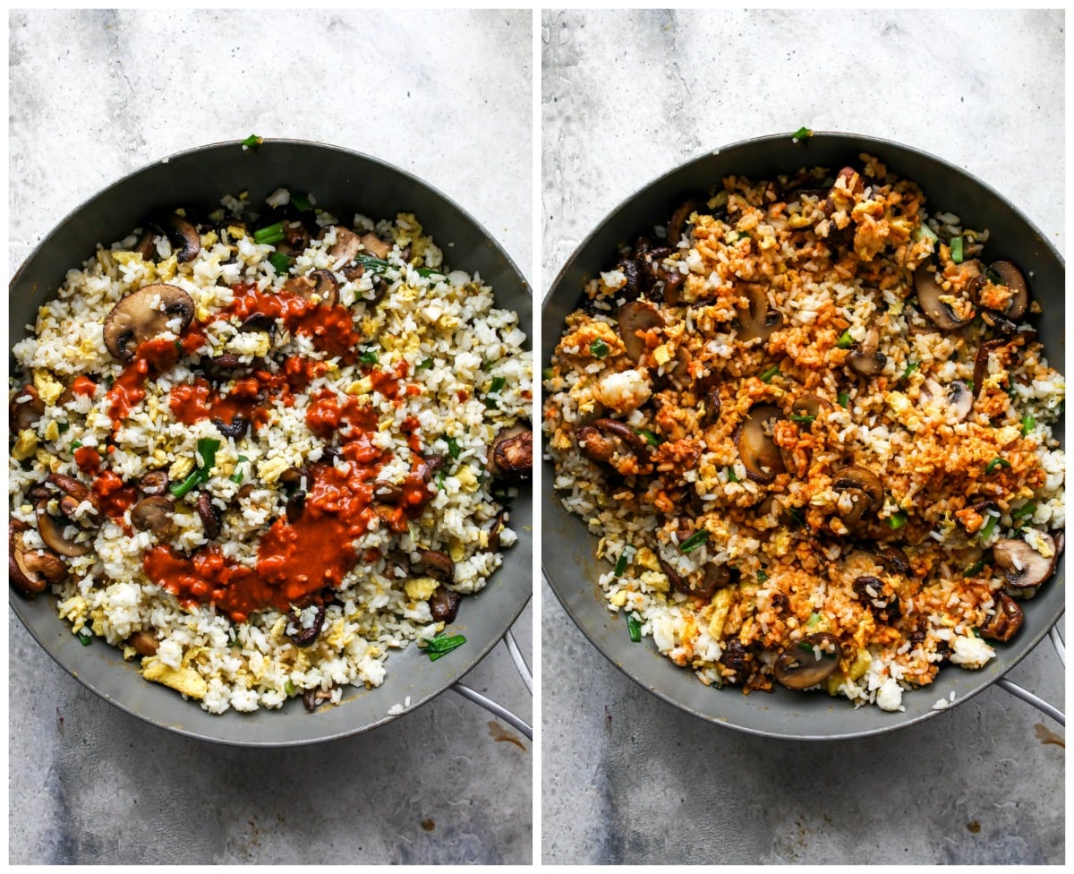 Vegetables and peanut sauce being mixed into a skillet of fried rice