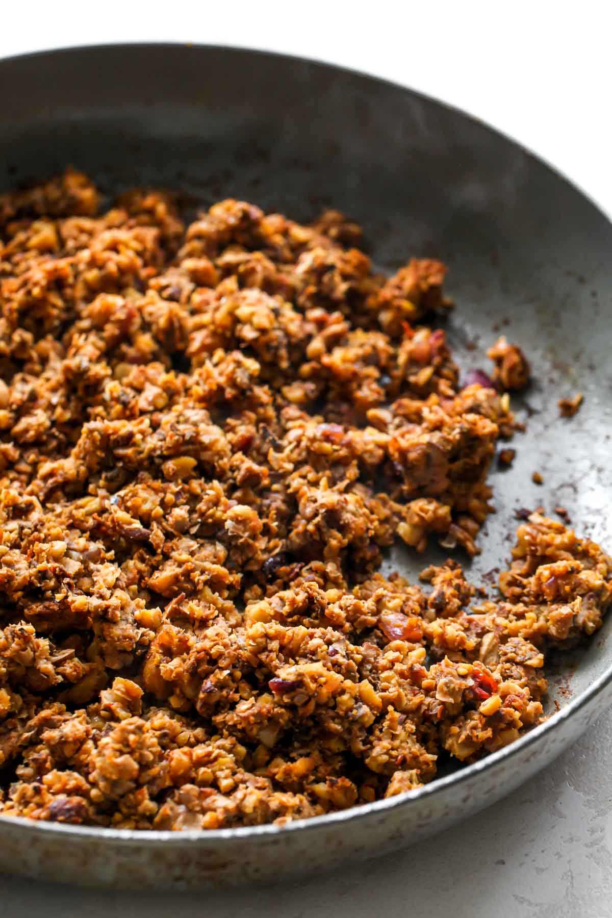 Cooked vegan chorizo in a skillet