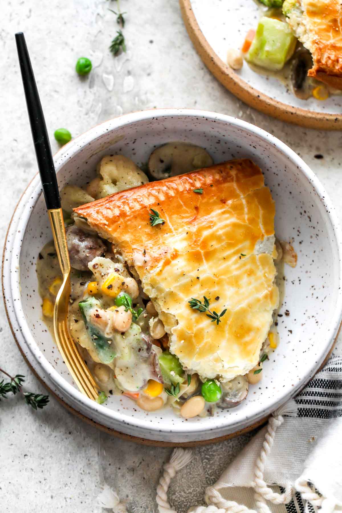 Single serving of vegetable pot pie in a bowl