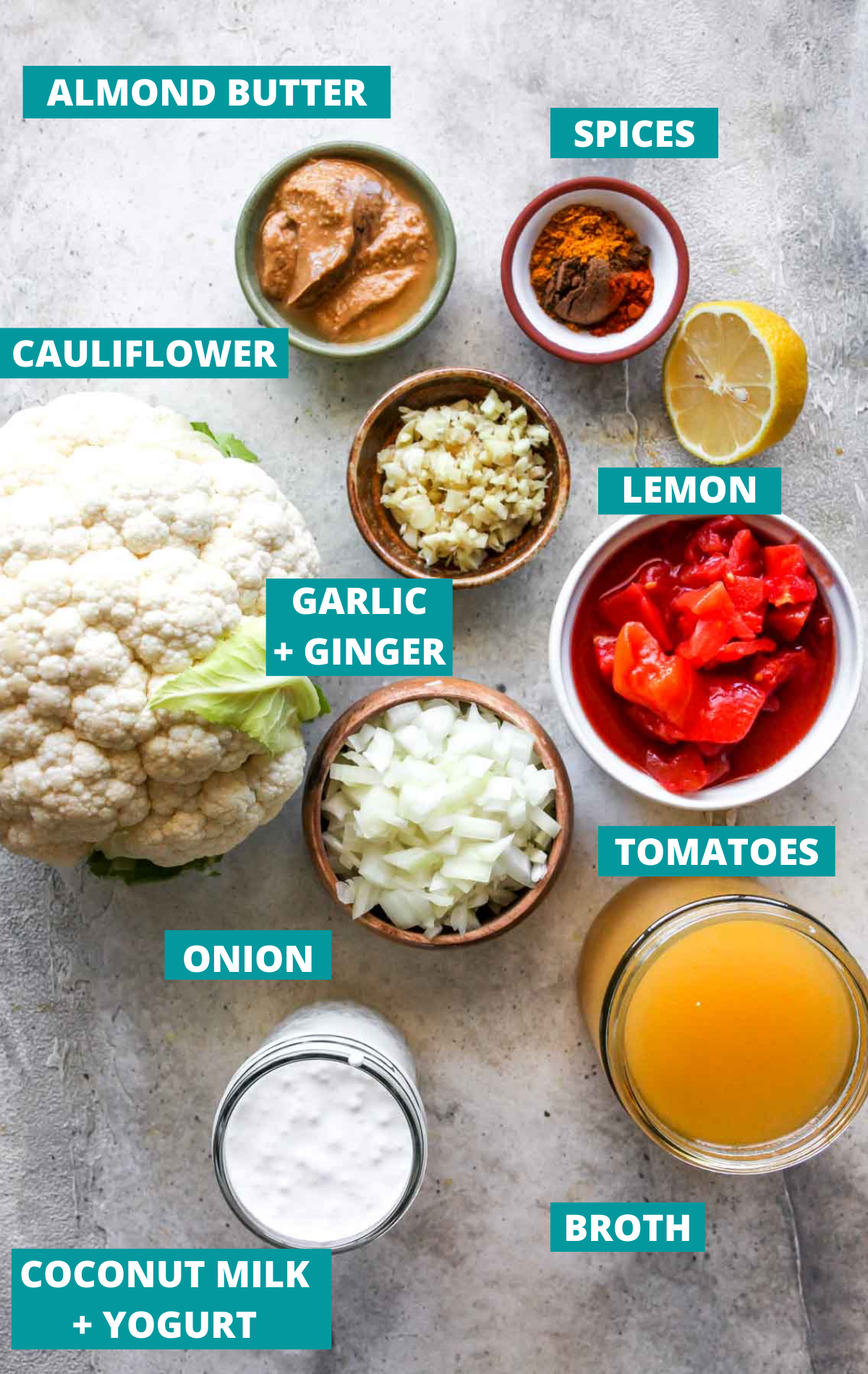 Cauliflower korma ingredients in separate bowls with blue labels
