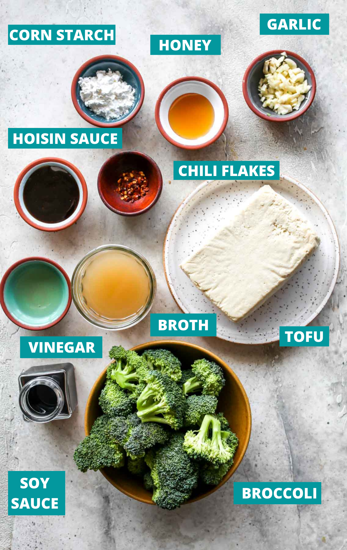 Recipe ingredients in separate bowls with blue labels