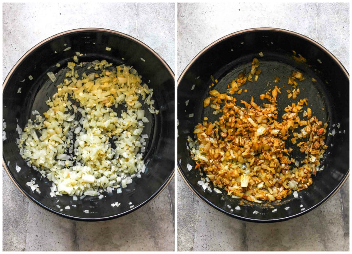 Onion, ginger, garlic, and spices being sautéed in a sauté pan