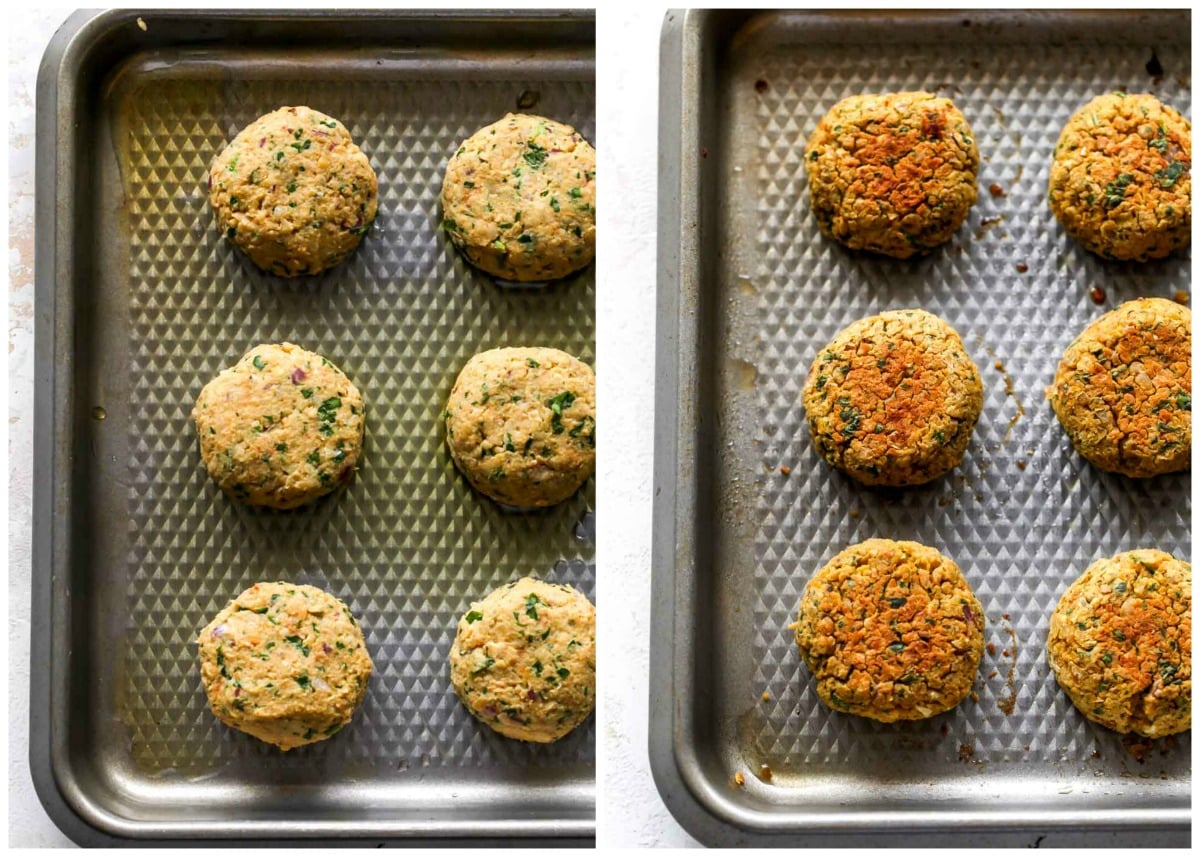 Chickpea falafel being baked on a large rimmed baking sheet