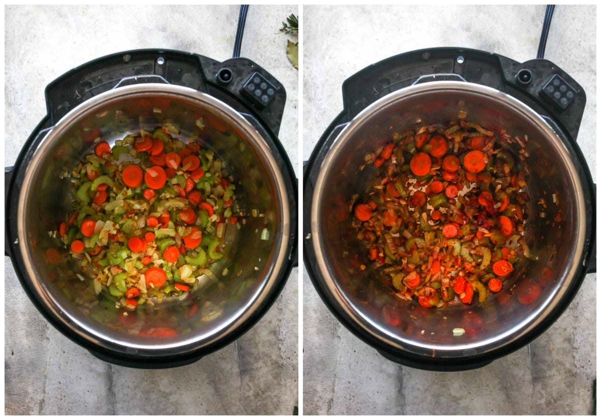 Onions, carrots, and celery sautéing in an Instant Pot