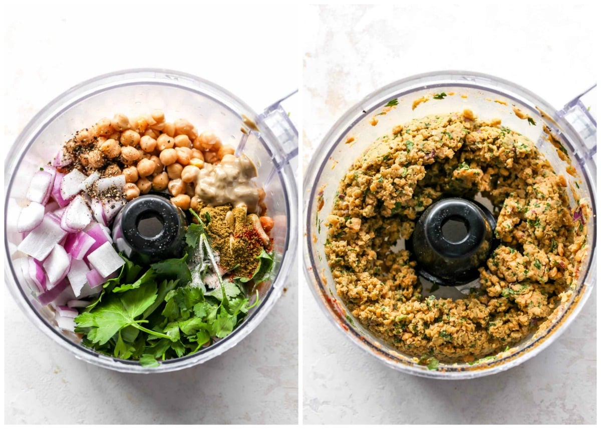 Chickpeas, parsley, red onion, and spices being pulsed in a food processor