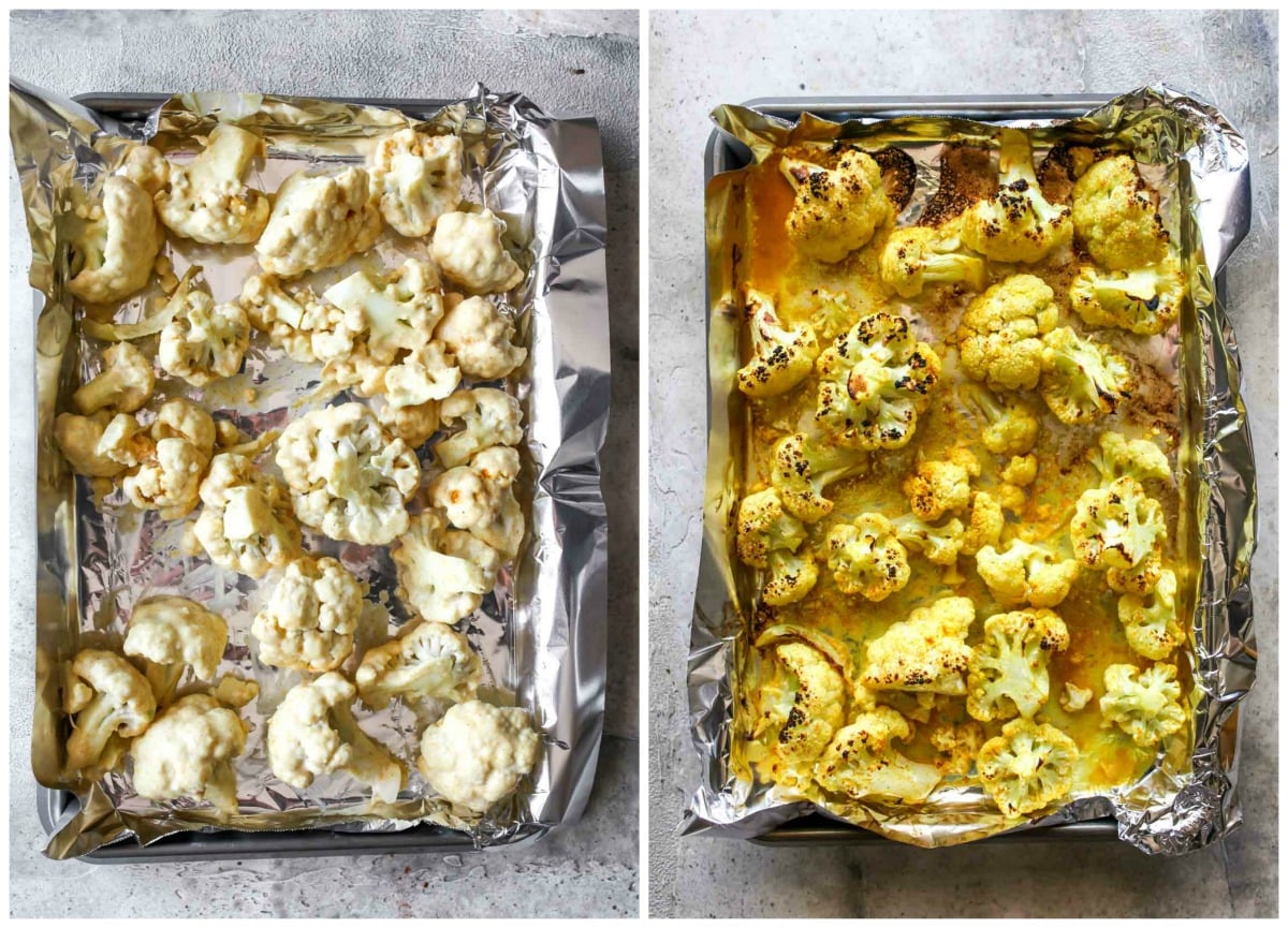 Cauliflower florets spread on a sheet pan covered in foil being broiled