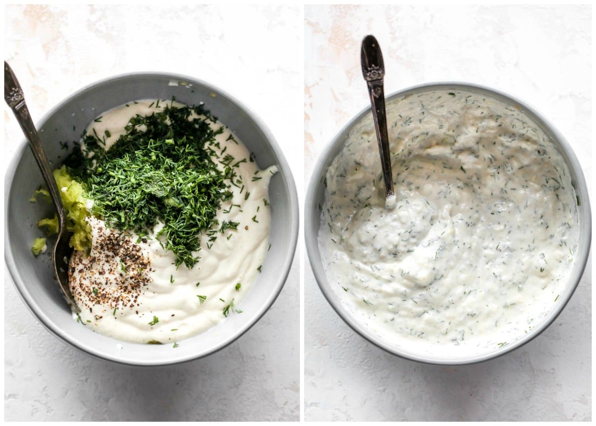 Vegan tzatziki sauce being mixed with dill and parsley