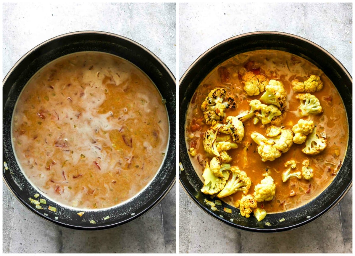 Curry sauce simmering until thickened in a sauté pan