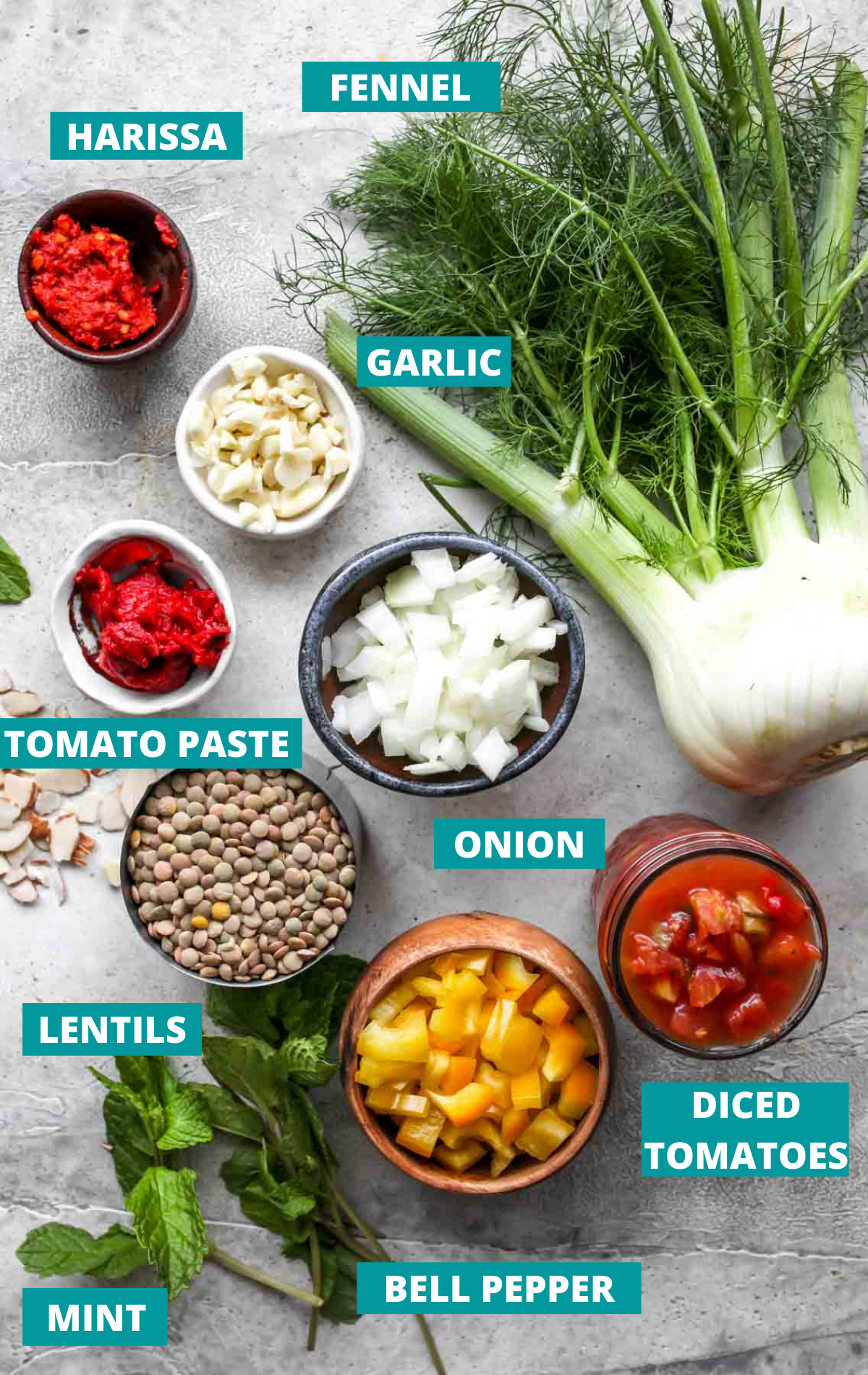 Recipe ingredients in separate bowls with blue labels