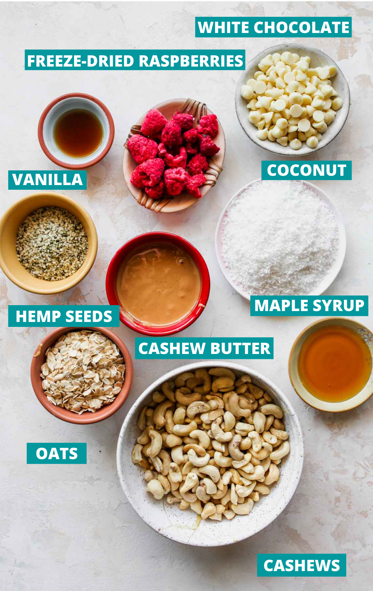 Recipe ingredients in separate bowls with blue labels