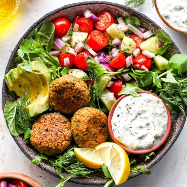 Falafel Bowls with Vegan Tzatziki and Cucumber-Tomato Salad