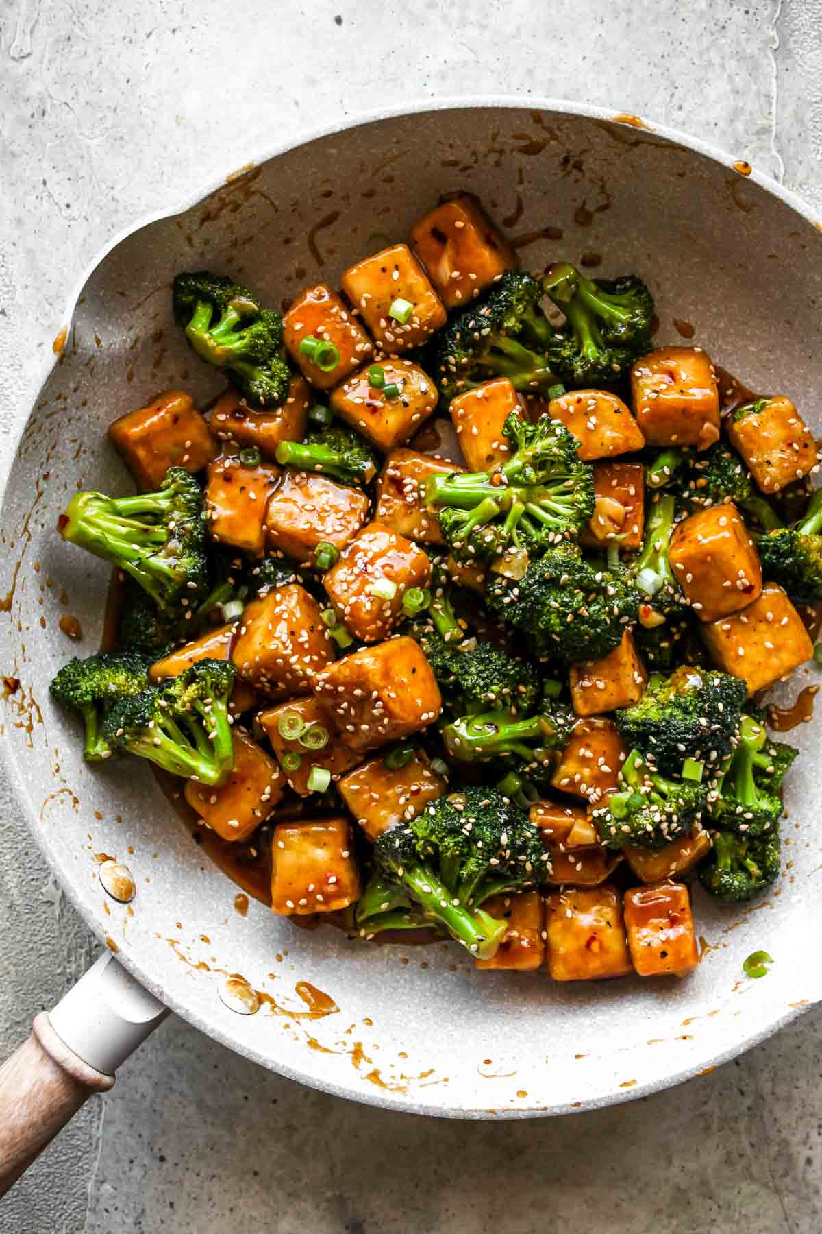 General Tso's Tofu and Broccoli Stir-Fry in a skillet