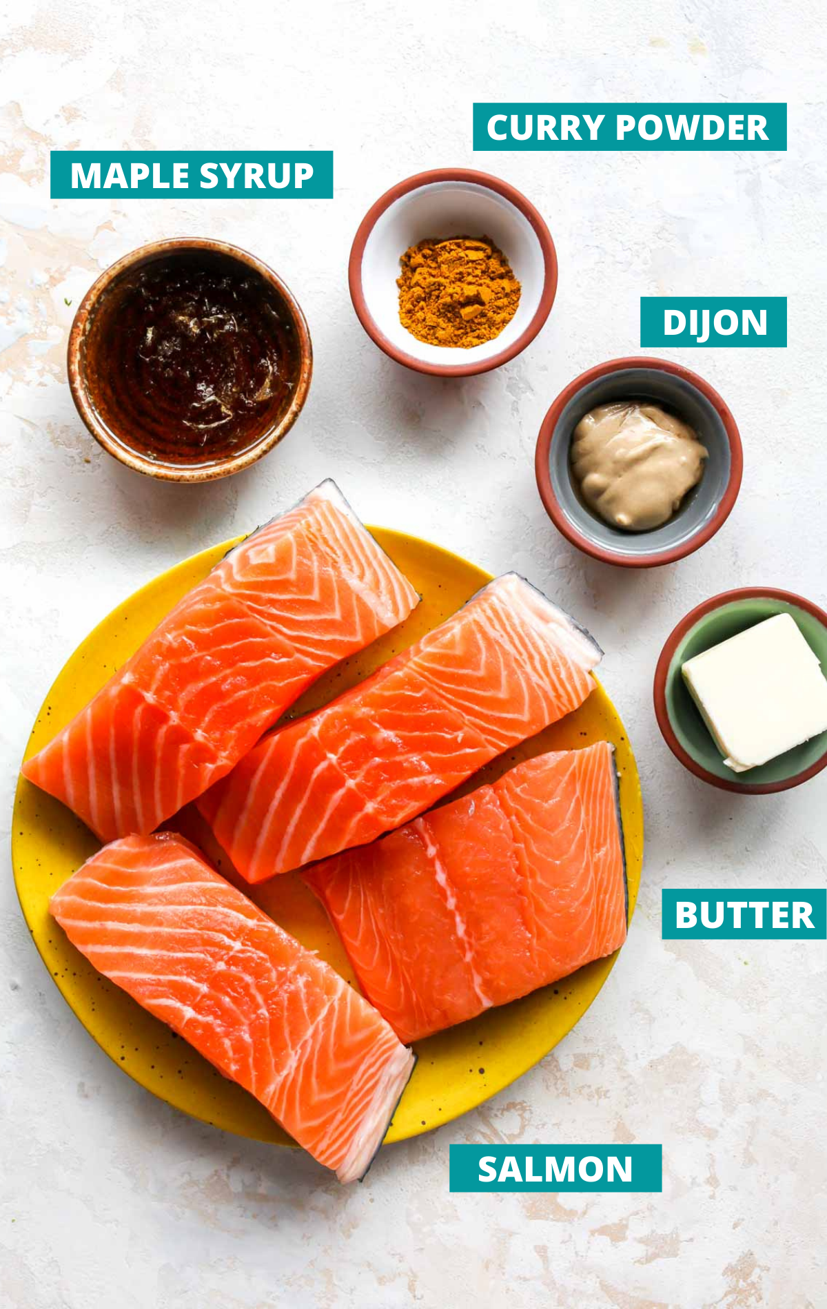 Recipe ingredients in separate bowls with blue labels