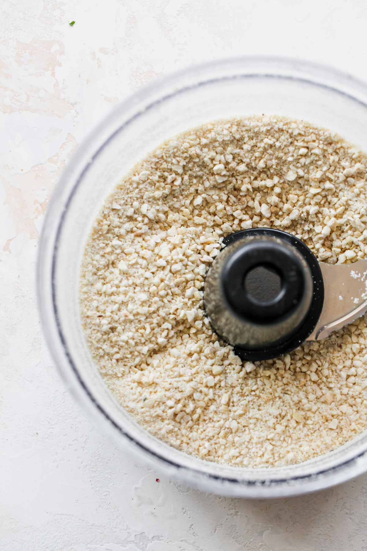 Raw cashews blended in a food processor