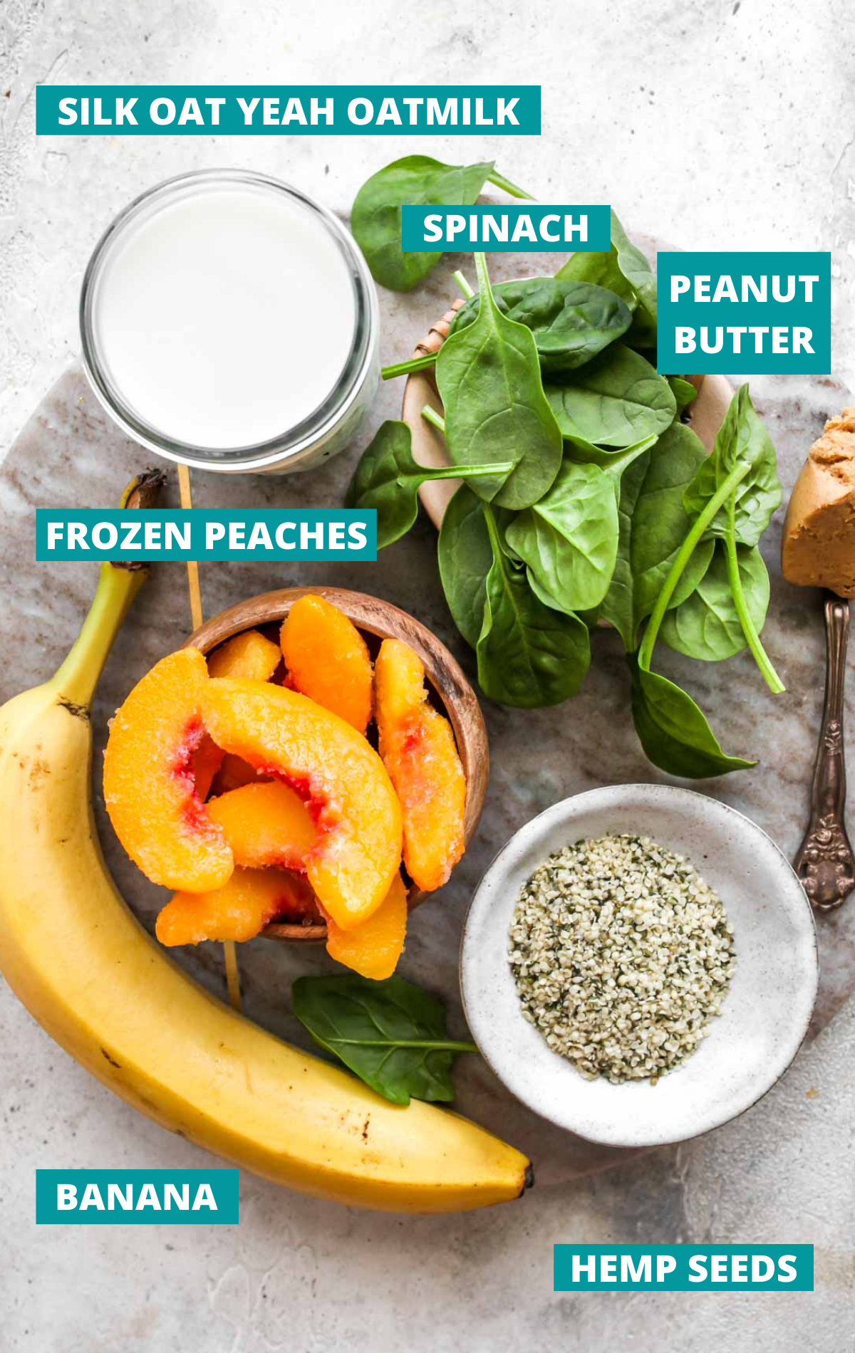 Recipe ingredients on a cutting board with blue labels