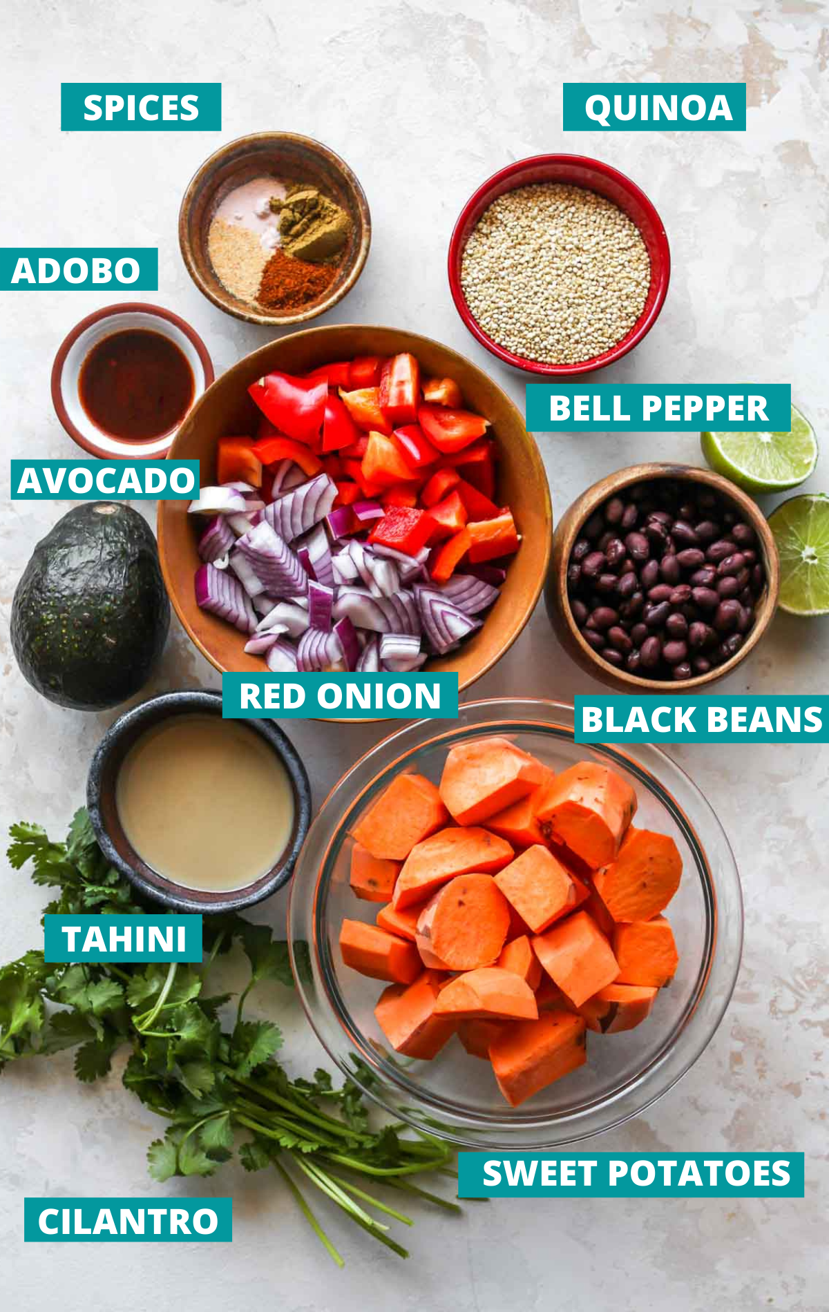 Recipe ingredients in separate bowls with blue labels