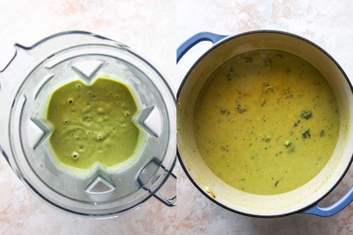 Blended soup being poured back into a pot