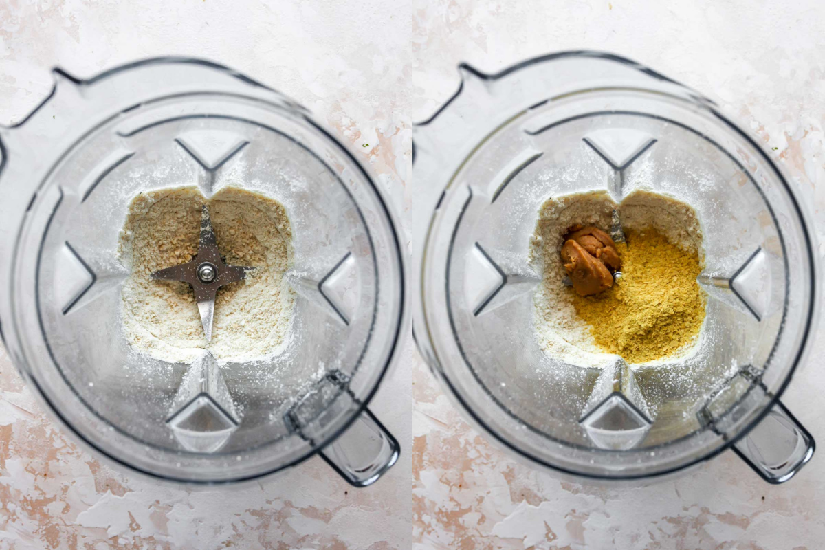Cashews, nutritional yeast, and miso paste being blended in a blender