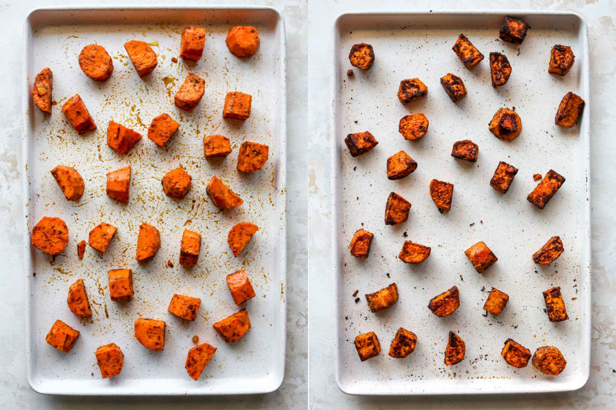 Cubes of sweet potatoes being roasted on a rimmed baking sheet