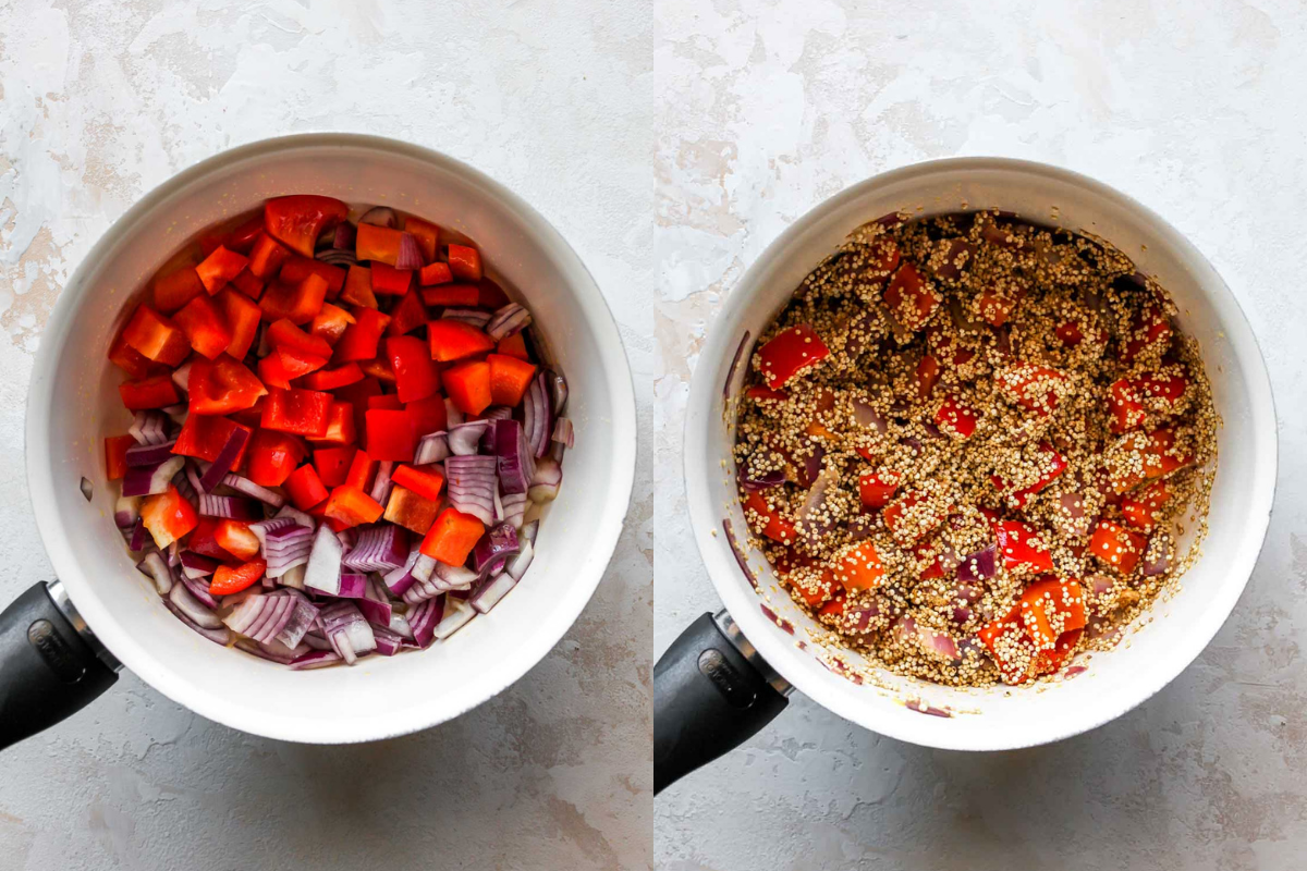 Red onion, bell pepper, and quinoa being cooked in a saucepan