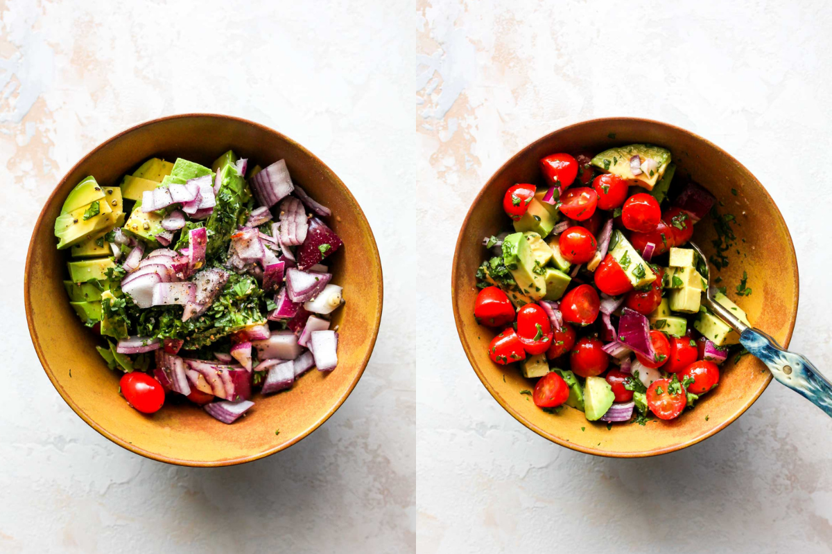 Avocado, tomatoes, cilantro, and jalapeno being mixed together in a gold bowl