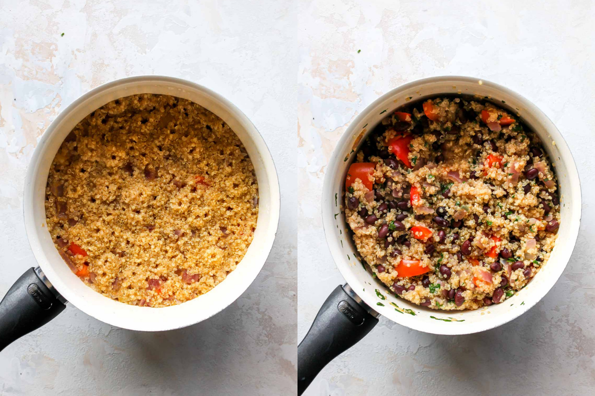 black beans and cilantro being stirred into a pot of quinoa