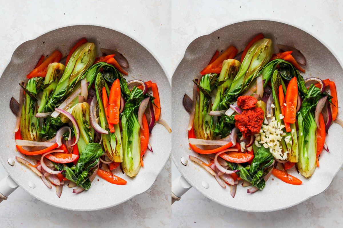 Veggies and garlic being sautéed in a skillet