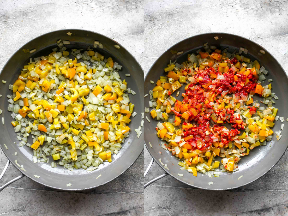 Onions, bell peppers, and tomato paste being sautéed in a skillet
