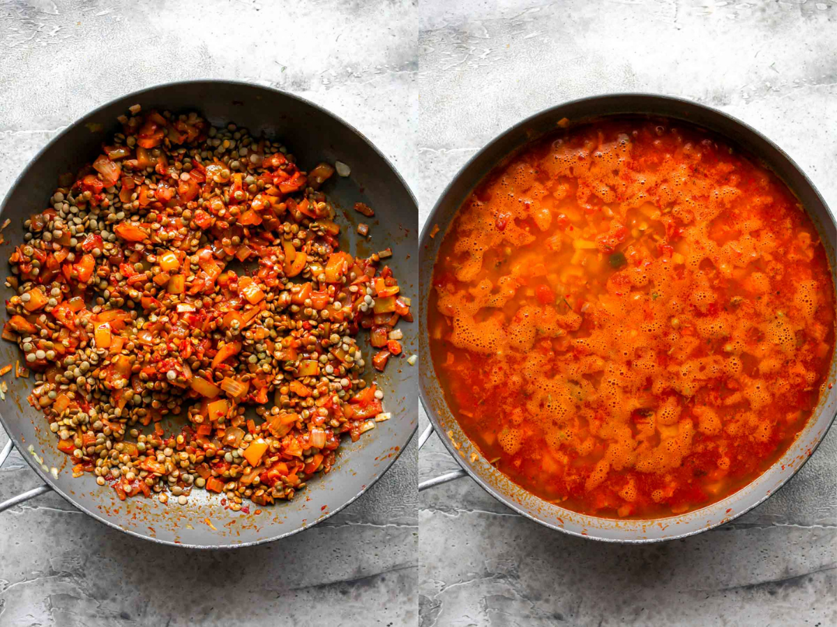 Lentils, broth, and diced tomatoes being mixed in a skillet