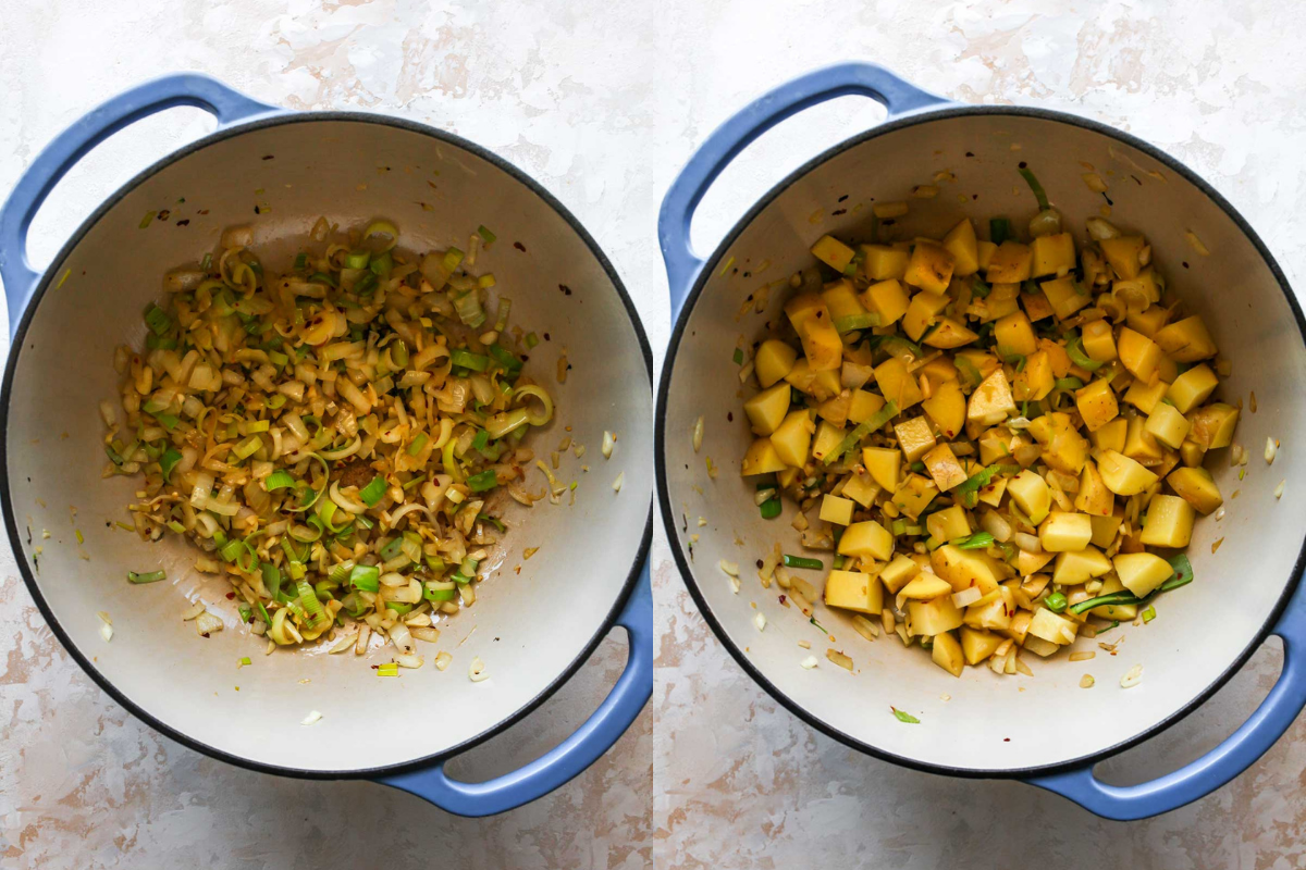 Leeks, onions, garlic, and potatoes cooking in a Dutch oven