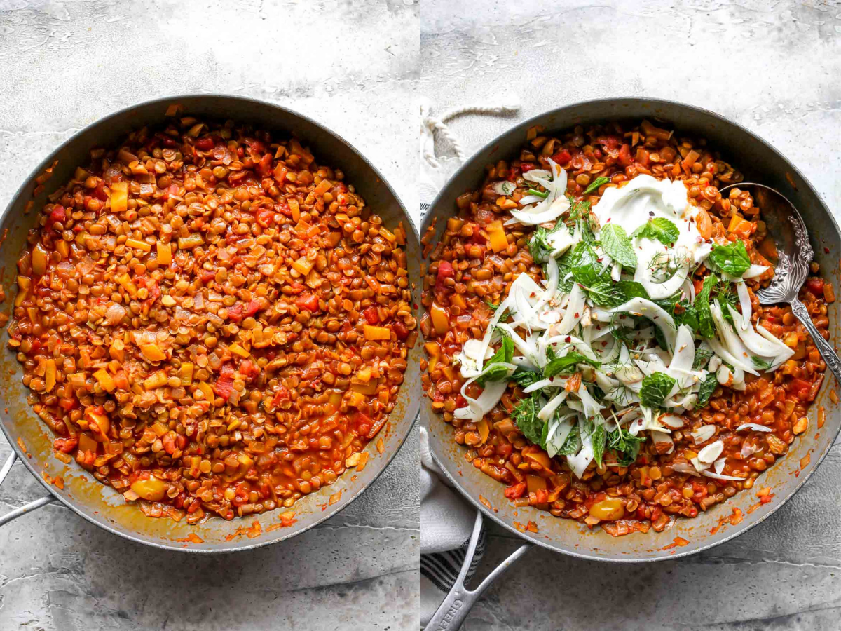 Stewed lentils and tomatoes after being cooked and topped with fennel slaw