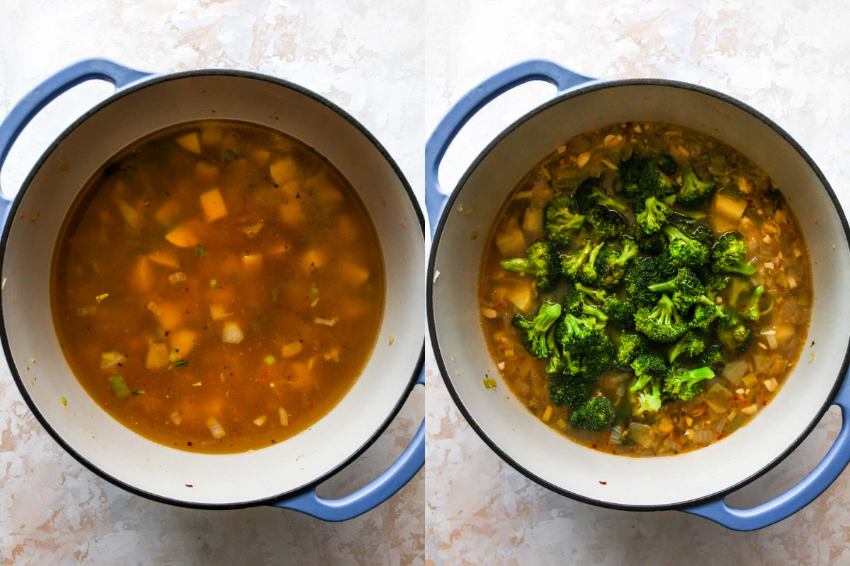 Vegetable broth and broccoli being added to a pot of soup