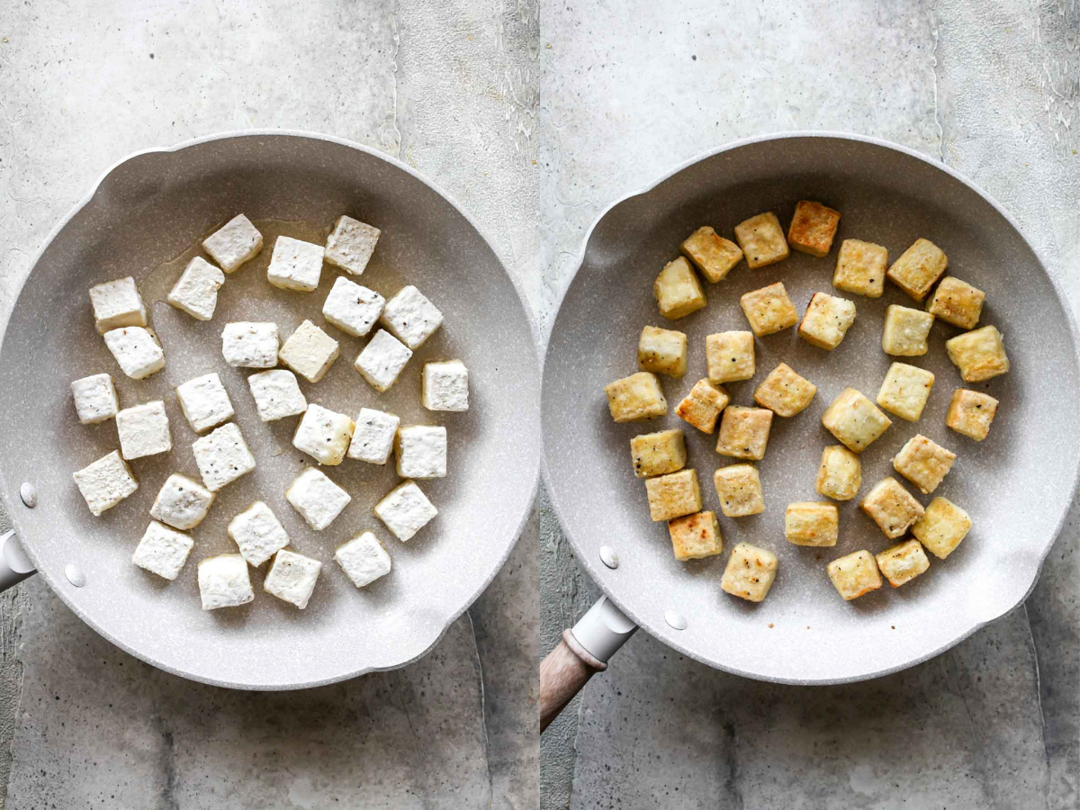Tofu being pan-seared until crispy