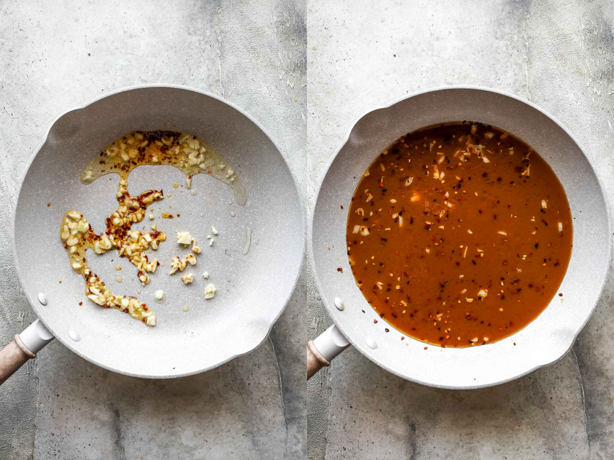 Garlic and chili flakes being sautéed in a skillet