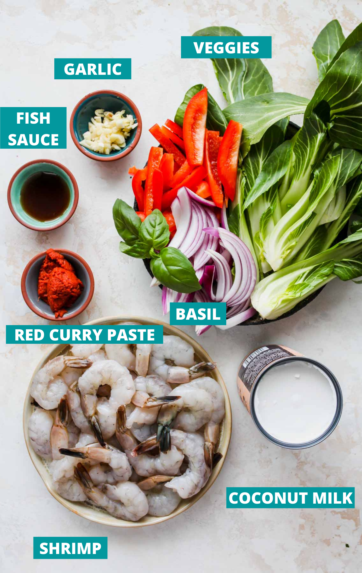 Recipe ingredients in separate bowls with blue labels