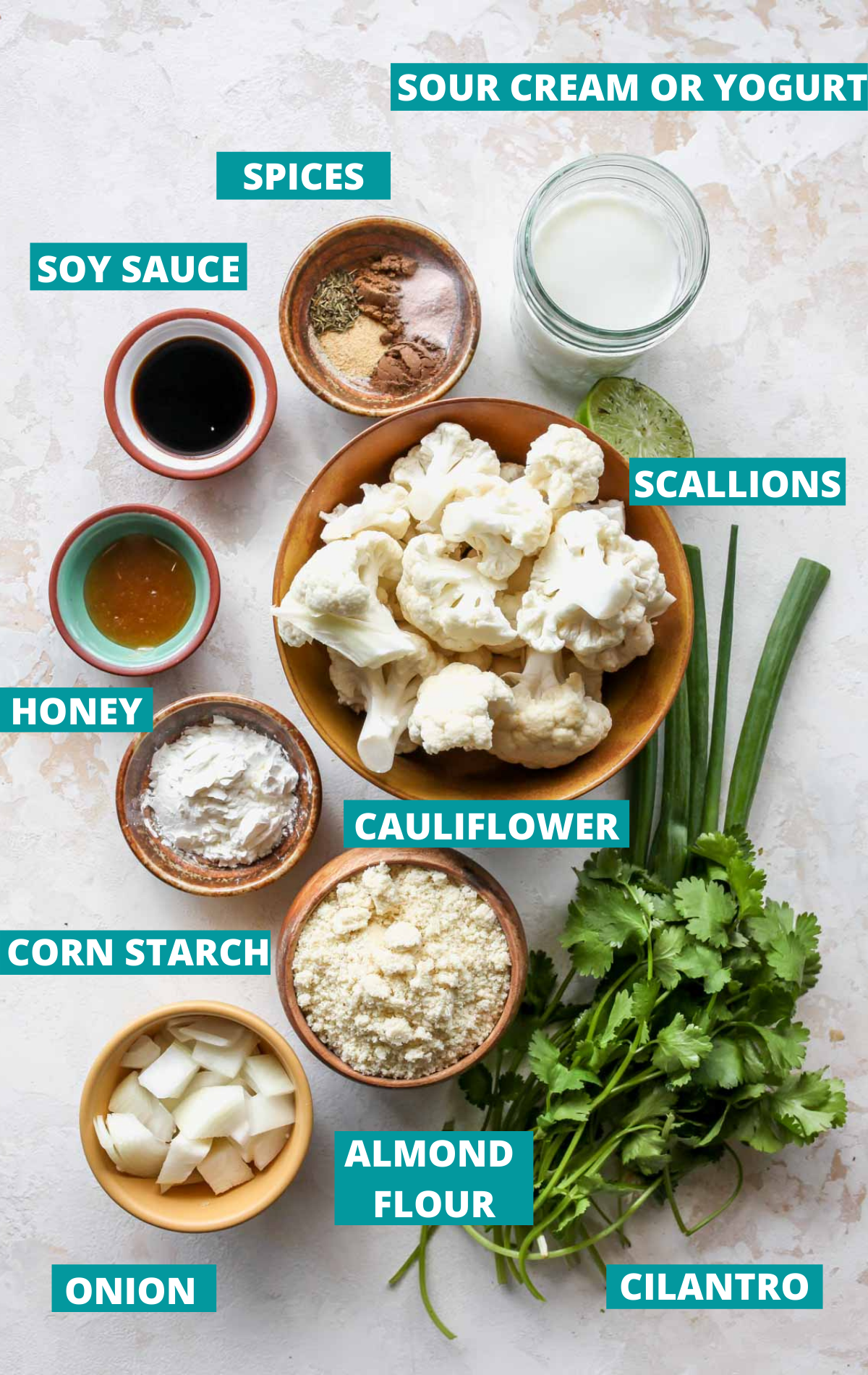 Recipe ingredients in separate bowls with ingredient label boxes