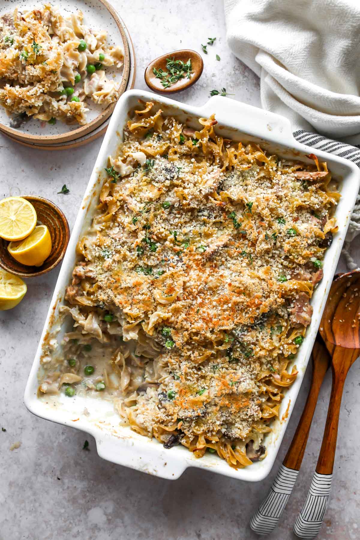 A serving removed from Tuna Noodle Casserole to show inside