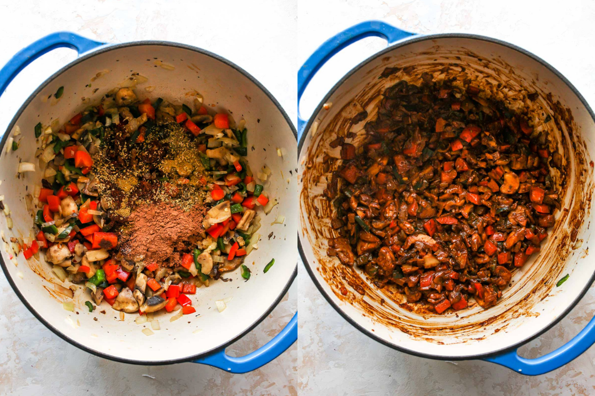 Spices, cocoa powder, and garlic being mixed into pot of veggies