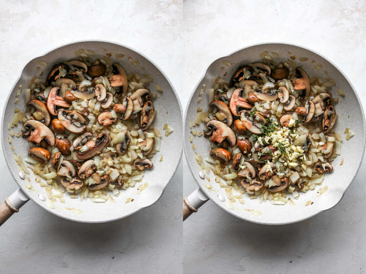 Mushrooms and onions being sautéed in a white skillet